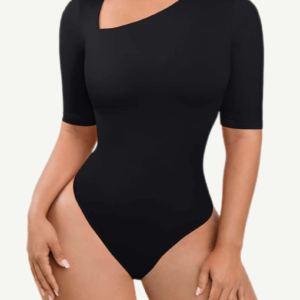 Tank Top Tight Thong Bodysuit With A Slant Cut Collar And Half Sleeves