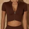 High Neck Zipper Short Sleeve Yoga Crop Top - Afbeelding 2