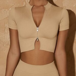 High Neck Zipper Short Sleeve Yoga Crop Top