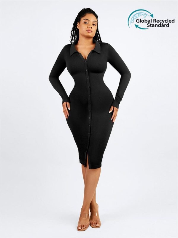 Eco-friendly Seamless Waist Trimming Retro Long Sleeve Shirt Dress - Afbeelding 4