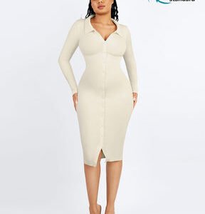 Eco-friendly Seamless Waist Trimming Retro Long Sleeve Shirt Dress