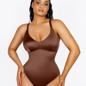 Shaping Satin Built-in Elastic Mesh Fabric Thong Bodysuit