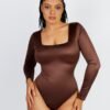 Square Neck Long Sleeve Sleek Thong Bodysuit