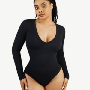 Long Sleeved V-neck Waist Shaping Tummy Control Seamless Bodysuit