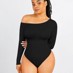 Seamless Diagonal Neck Long Sleeve Waist Trimming Thong Bodysuit