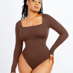 Seamless Eco-friendly Square Neck Long Sleeve 360° Waist Control Thong Bodysuit