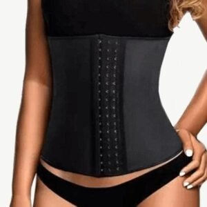 9 Steel Boned Black Latex Waist Cincher Hook-And-Eye Closures Smooth Silhouette