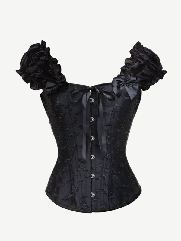 Romantic Ruched Black 12 Steel Boned Bow Corset Overbust Slim - Afbeelding 3